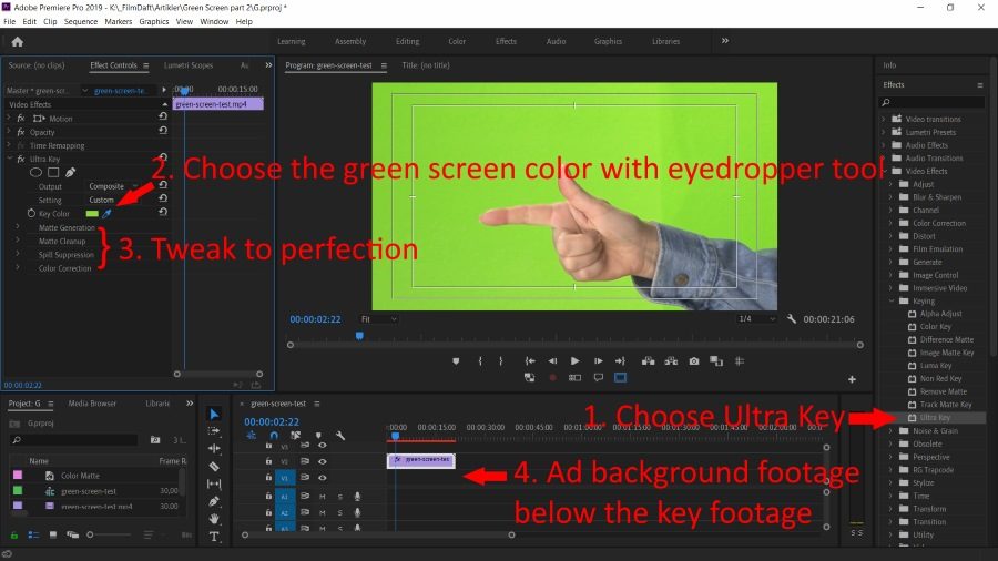 Easy instructions on how to use the ultra key tool in Premiere Pro to remove green screen background