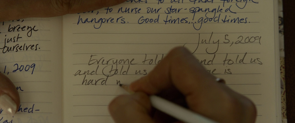 Context in Screenwriting and Film: A Complete Guide 8 Close-up of a hand writing in a notebook, changing a sentence under the date July 5, 2009