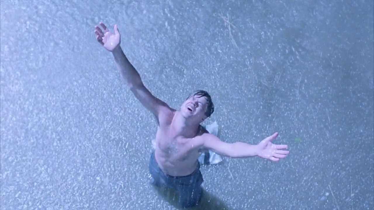 What Is Conflict in Film? Meaning, Types & Film Examples 3 Andy Dufresne stands in heavy rain with his arms stretched out after escaping prison.