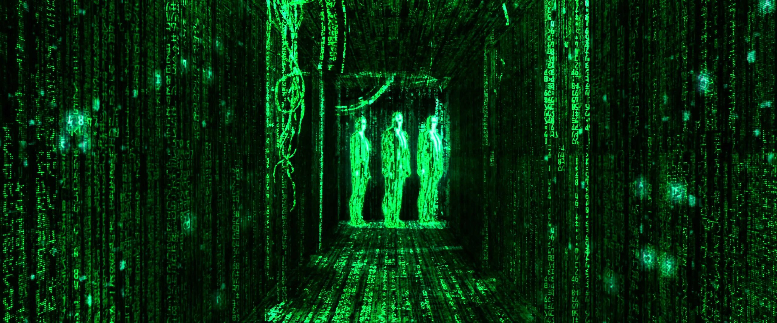 What is Campbell's Monomyth? A Hero Guide for Filmmakers 17 Neo’s perspective of the Matrix rendered as glowing green code, showing three agents in a hallway.