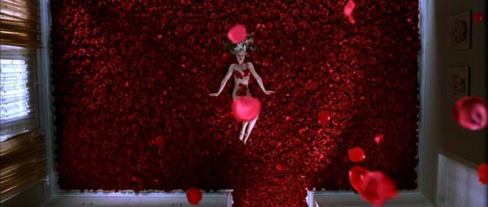 Symbolism in Film: Meaning, Types, and How It Works 10 Overhead shot of Angela Hayes lying in a room filled edge-to-edge with red rose petals as petals drift down through the air.