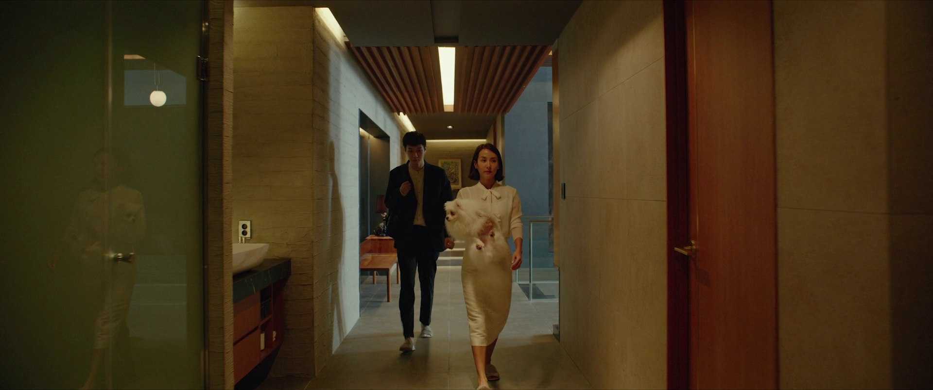 Parasite still: status and control in a clean space A woman in a white outfit walks down a modern hallway while carrying a small white dog, with a man following behind her.