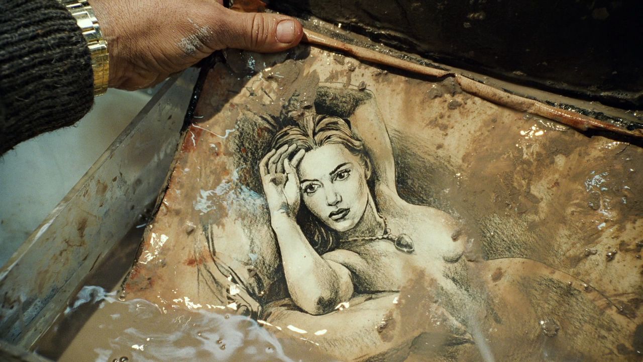 What is a Narrative in Film? Meaning, Definition & Structure Examples. 14 A muddy, water-soaked sketch of a nude woman wearing a necklace is lifted from debris, with a hand holding the paper at the top edge.