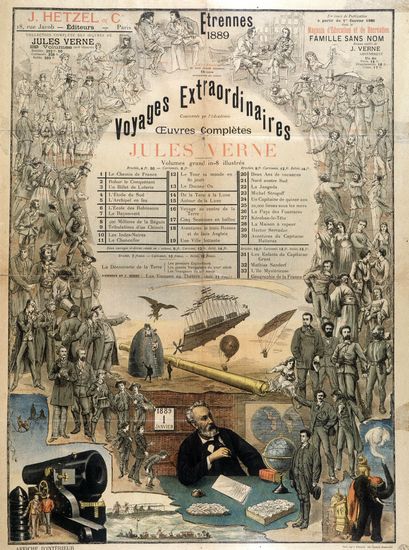 Steampunk: The Science Fiction of a Future that Never Happened. 2 1889 illustrated poster of Jules Verne's Voyages Extraordinaires, showing Verne seated among fictional inventions and surrounded by characters from his novels.