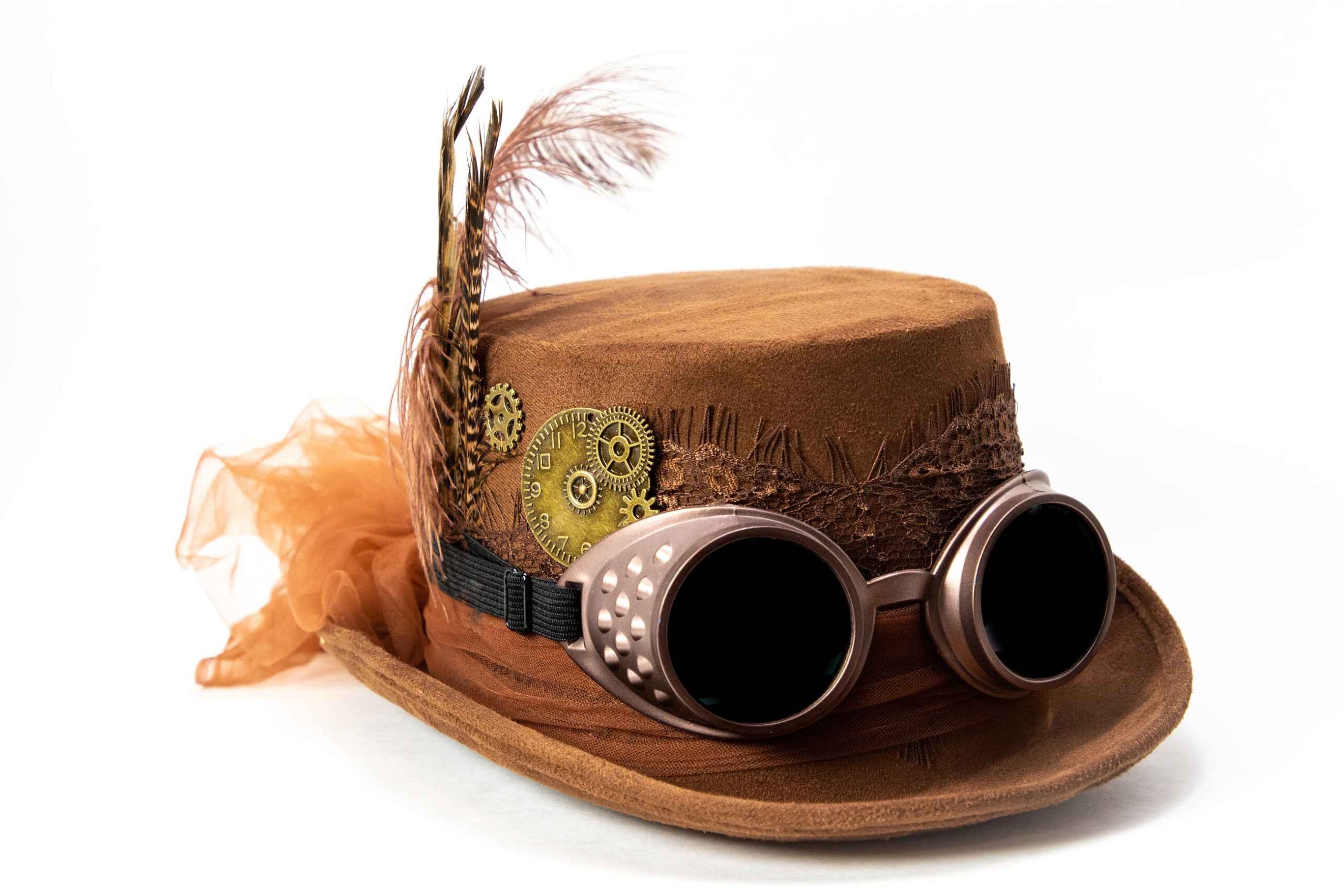 Steampunk: The Science Fiction of a Future that Never Happened. 3 Brown steampunk top hat decorated with feathers, brass gears, lace, and copper goggles.