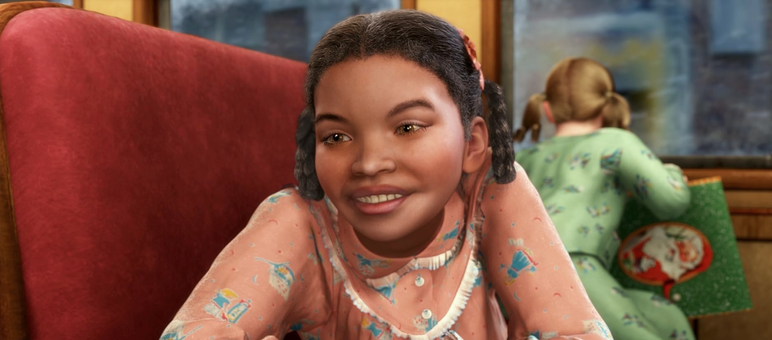 What is The Uncanny Valley? Meaning & Examples from Film 4 Close-up of a young animated girl smiling on a red train seat in The Polar Express, with another girl sitting behind her holding a Santa-themed book.