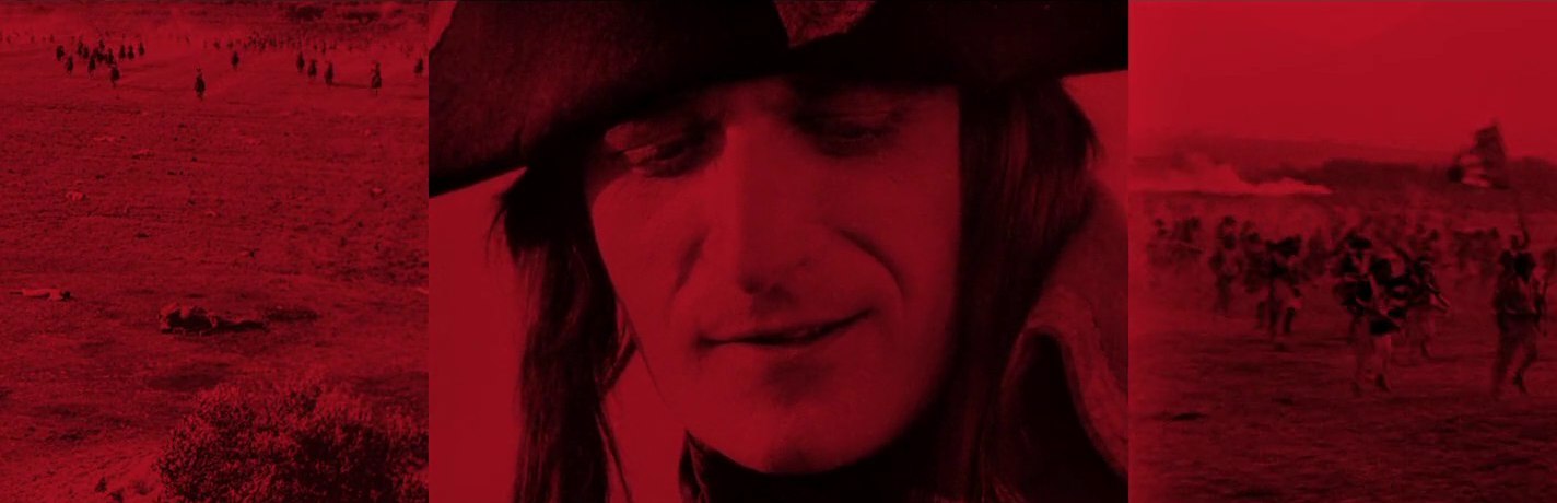 What Is Impressionism in Art & Film? Definition & Examples 11 A red-tinted triptych split-screen shows a close-up of a man in a hat in the center, with battlefield images on the left and right panels.