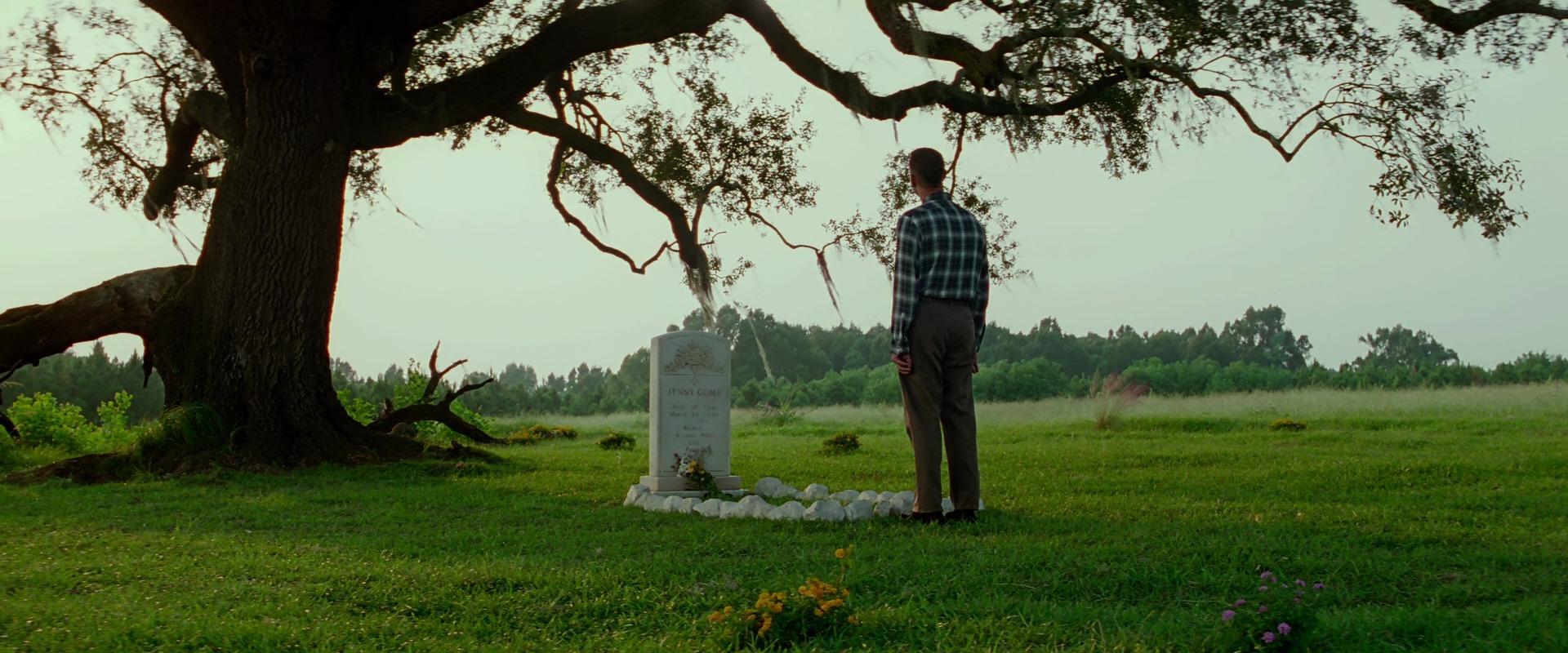 What is Apostrophe? Definition, Uses, and Film Examples 4 A man in a plaid shirt stands with his back to the camera, facing a gravestone beneath a sprawling oak tree in an open green field.