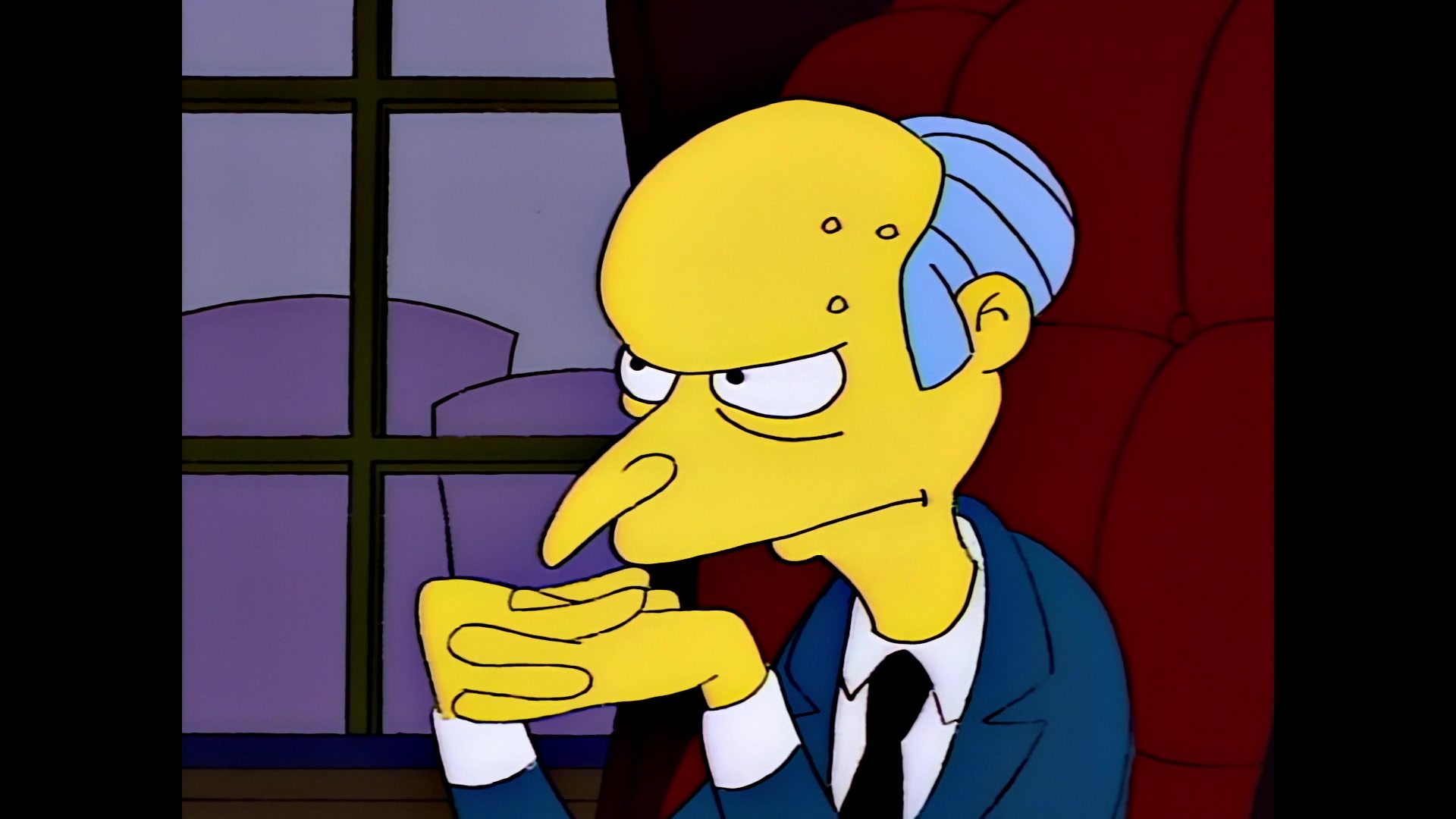What is a Flat Character? Definition & Examples from Film 6 Mr. Burns sits in a red chair with his fingers clasped, glaring sideways with a suspicious expression.