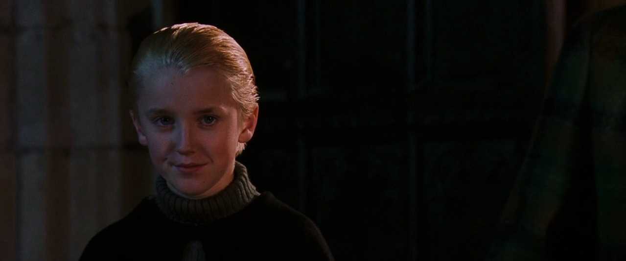 What is a Flat Character? Definition & Examples from Film 2 Draco Malfoy, a blond boy in dark Hogwarts clothing, looks ahead with a slight smirk in a dim hallway.