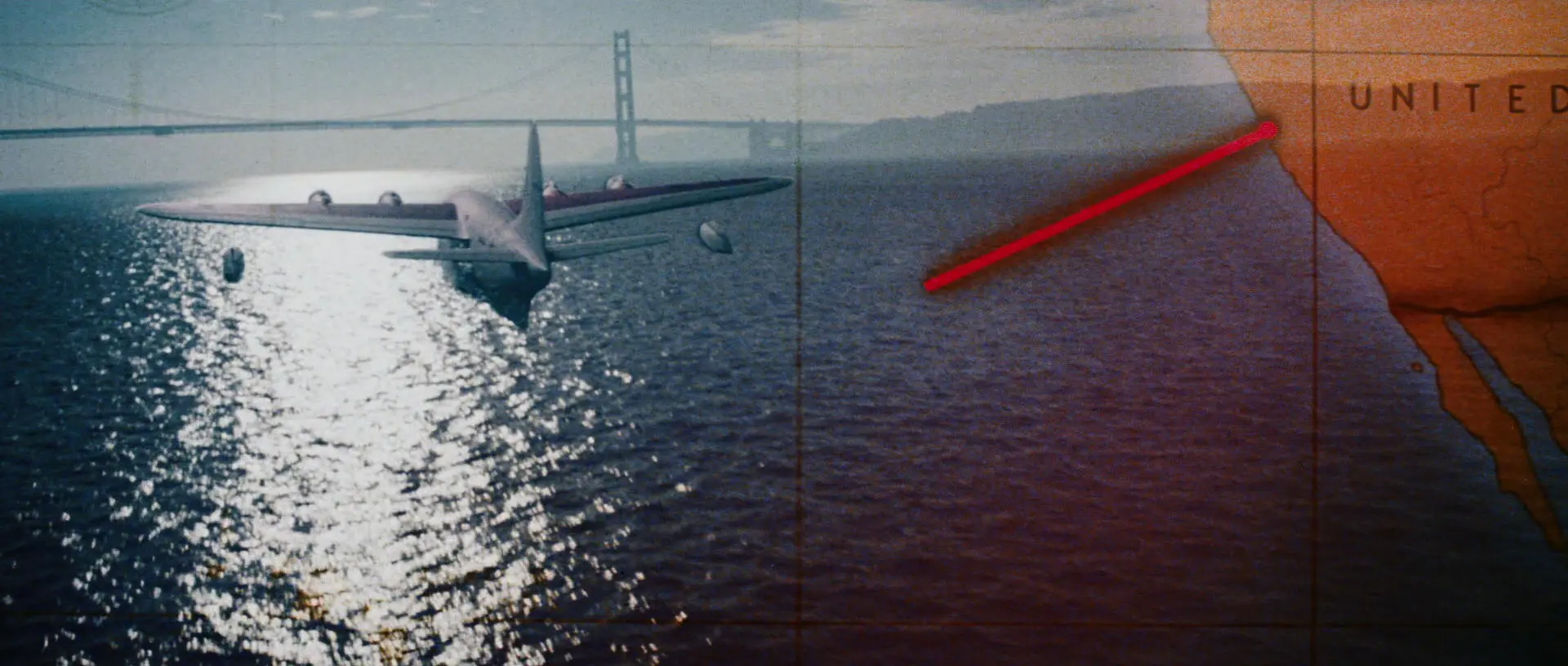 What is a Bridging Shot in Film? Definition & Examples 3 Indiana Jones plane flies over the ocean as a red line moves across a map of the United States, showing travel progress