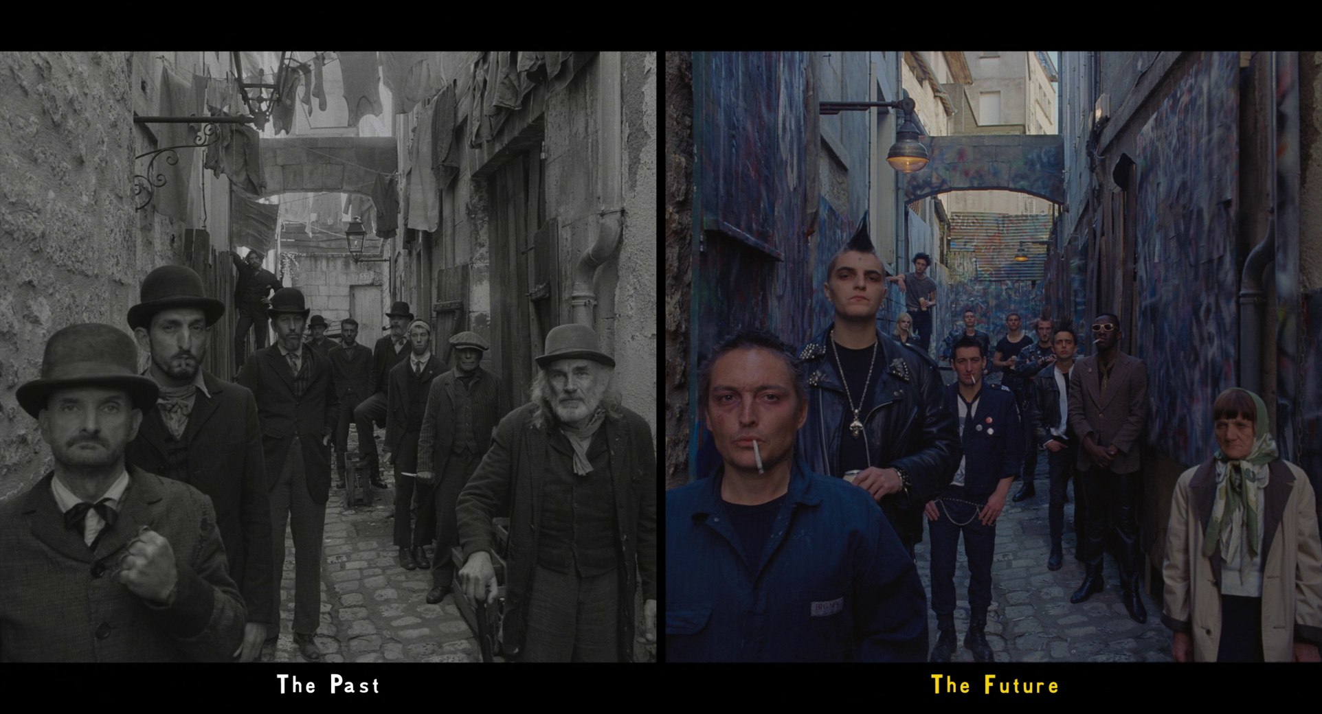 Guide: Best Wes Anderson Movies (For Filmmakers to Learn From) 6 Split image from The French Dispatch showing two groups—Victorian men on the left, punk youth on the right—posing in the same alley labeled “The Past” and “The Future.”