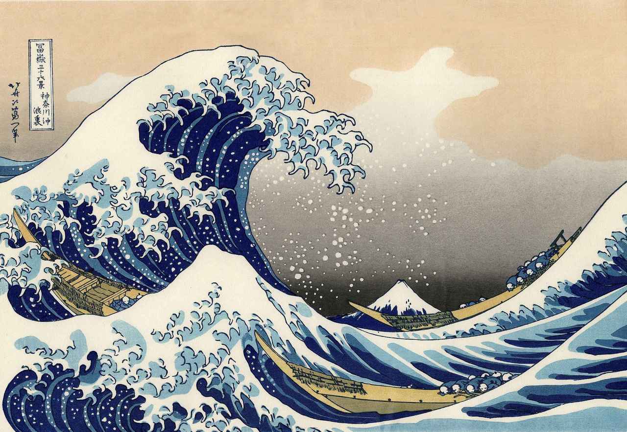 What Is Rhythm in Art? Definition and Examples 4 Giant wave curling above boats with Mount Fuji in the background, using negative space to emphasize scale.