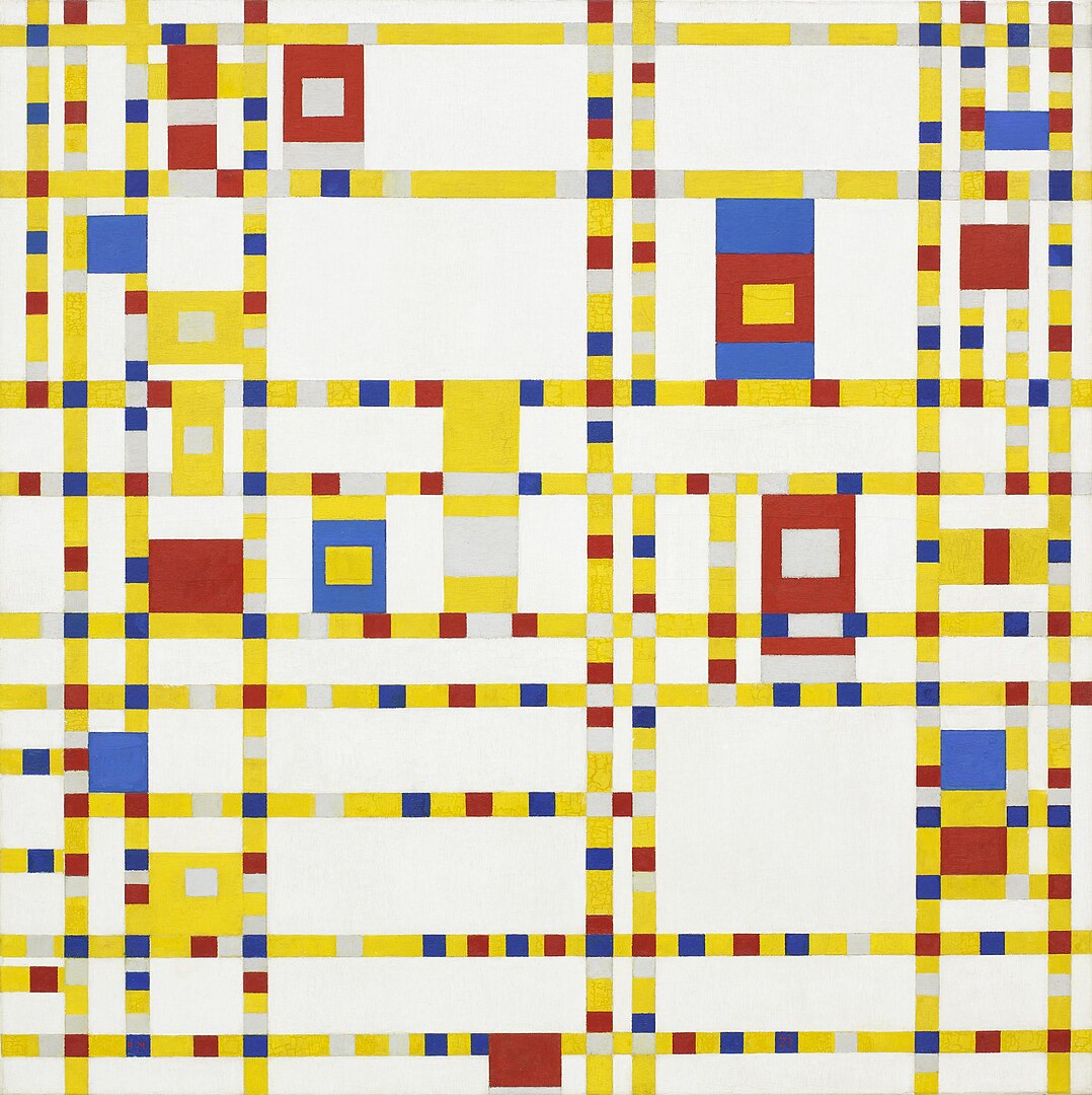 What Is Rhythm in Art? Definition and Examples 2 Broadway Boogie Woogie by Piet Mondrian with a grid of colored squares and lines