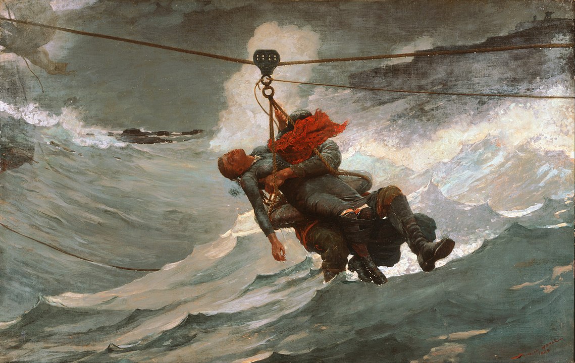 What Is Realism in Art? Definition, Key Artists & Film Legacy 6 Painting of a sailor rescuing an unconscious woman from stormy seas using a pulley system above crashing waves