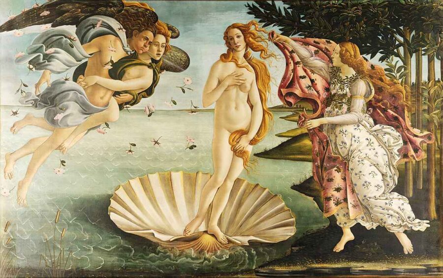 What Was the Renaissance? Definition, Art & Legacy 14 Mythological painting of Venus standing nude on a shell as wind gods blow her to shore and a figure prepares to cover her