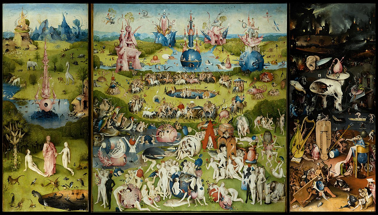 What Is Texture in Art? Definition, Types & Examples 7 A surreal triptych painting with scenes of Eden, earthly pleasure, and hell, filled with varied surface textures like smooth skin, reflective water, and jagged metal.