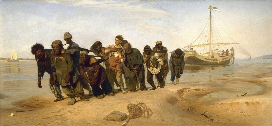 What Is Realism in Art? Definition, Key Artists & Film Legacy 5 Painting of eleven exhausted men pulling a barge along a riverbank under a clear sky