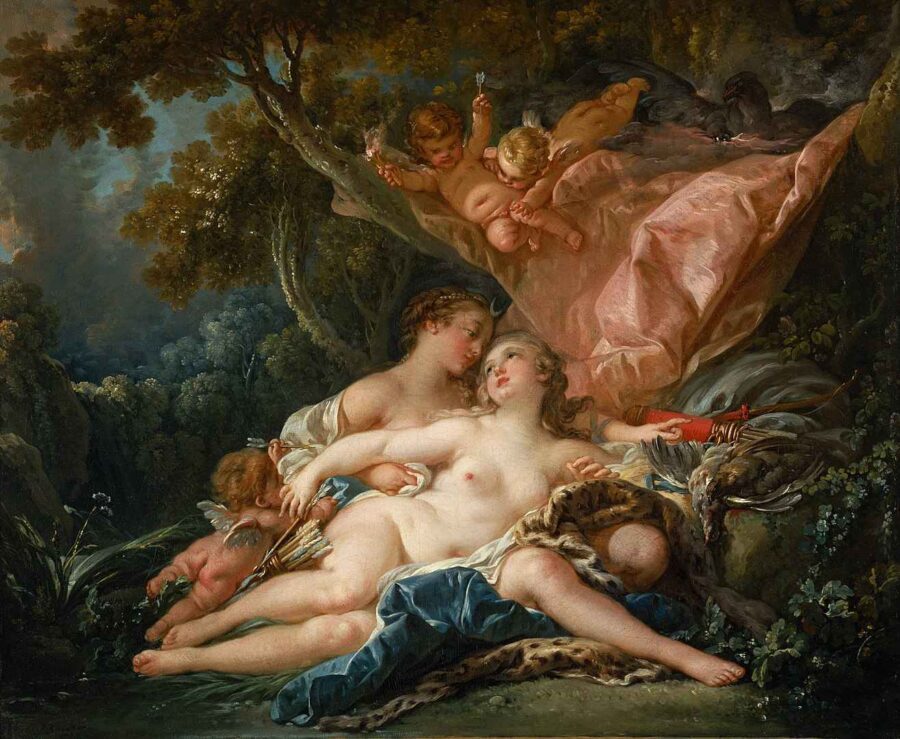 What Is Rococo Art? Definition, Style, and Legacy 6 Nude female figures in a wooded landscape with pink drapery and cherubs overhead