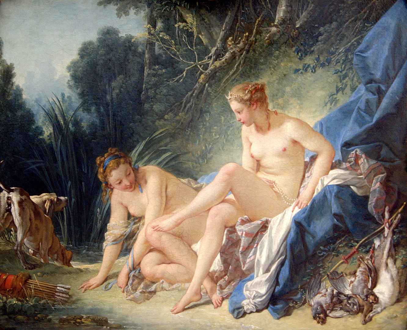 What Is Rococo Art? Definition, Style, and Legacy 5 Two nude women resting beside a stream in a wooded setting, with blue cloth and hunting gear nearby