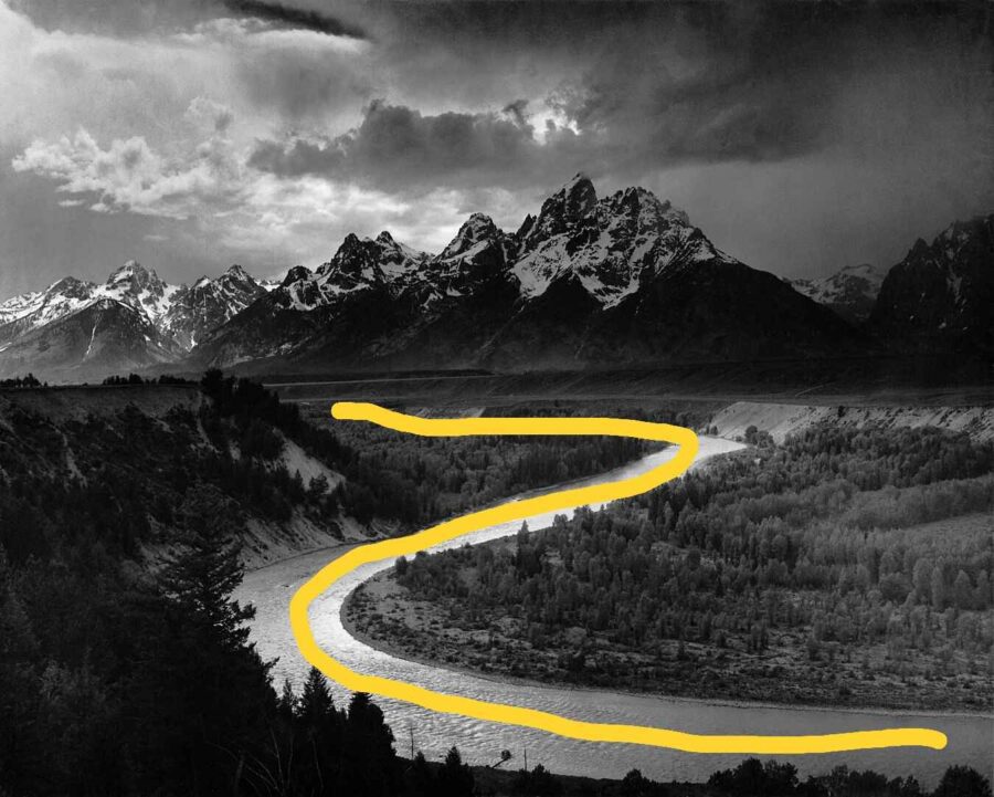 What Is Composition in Art? Definition, Techniques & Examples 6 Black-and-white landscape photo with yellow line tracing the S-curve of a river through a forested valley