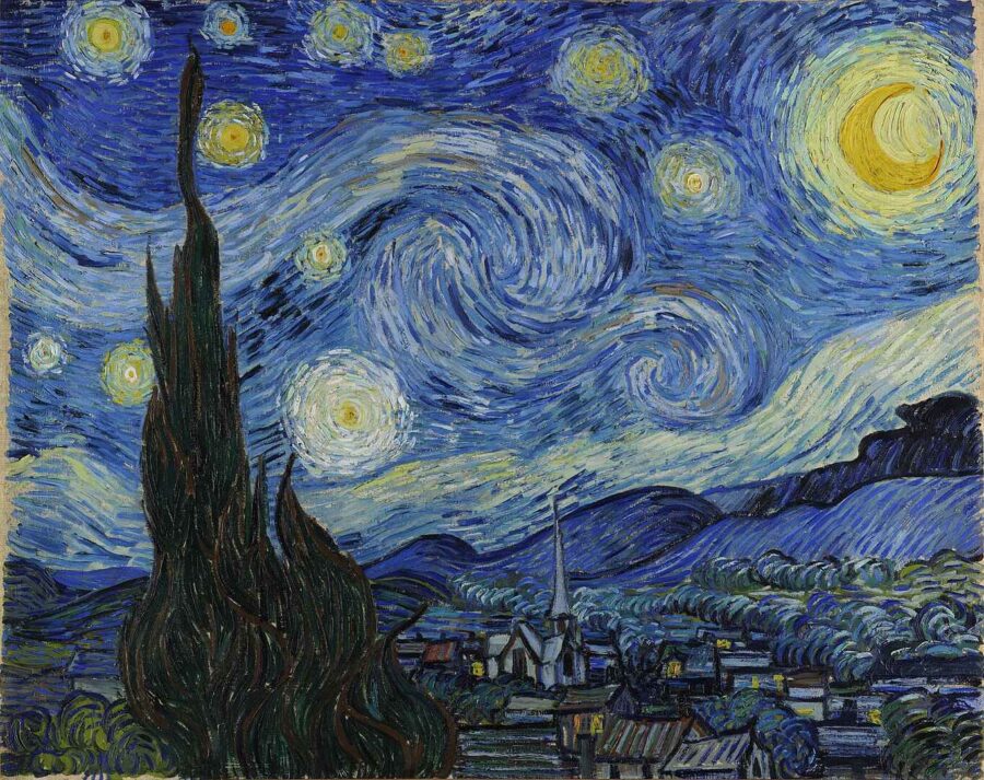 What Is Texture in Art? Definition, Types & Examples 6 Van Gogh's swirling night sky with stars, moon, cypress tree, and village