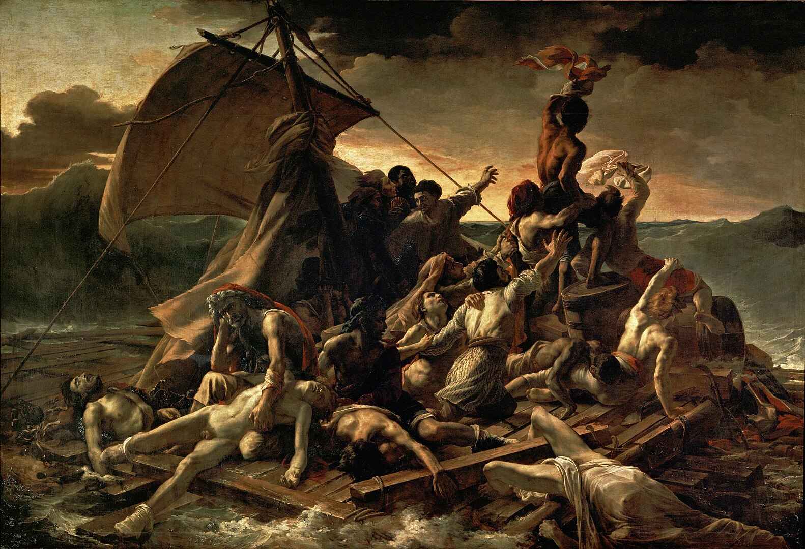 What Is Romanticism in Art? Definition, Artists & Key Examples 6 Painting of shipwreck survivors on a drifting raft, with dramatic lighting and emotional gestures