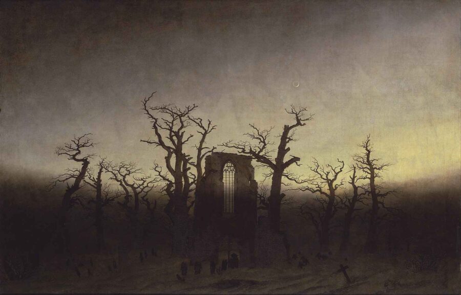 What Is Gothic Art? Definition, History & Examples 20 Romantic painting by Caspar David Friedrich showing a ruined Gothic abbey among leafless trees at dusk