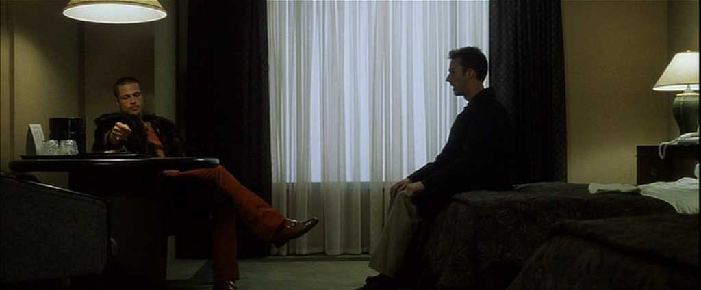 Foreshadowing in Film. Definition, Techniques & Examples 2 The narrator and Tyler Durden sit across from each other in a dimly lit motel room in Fight Club.