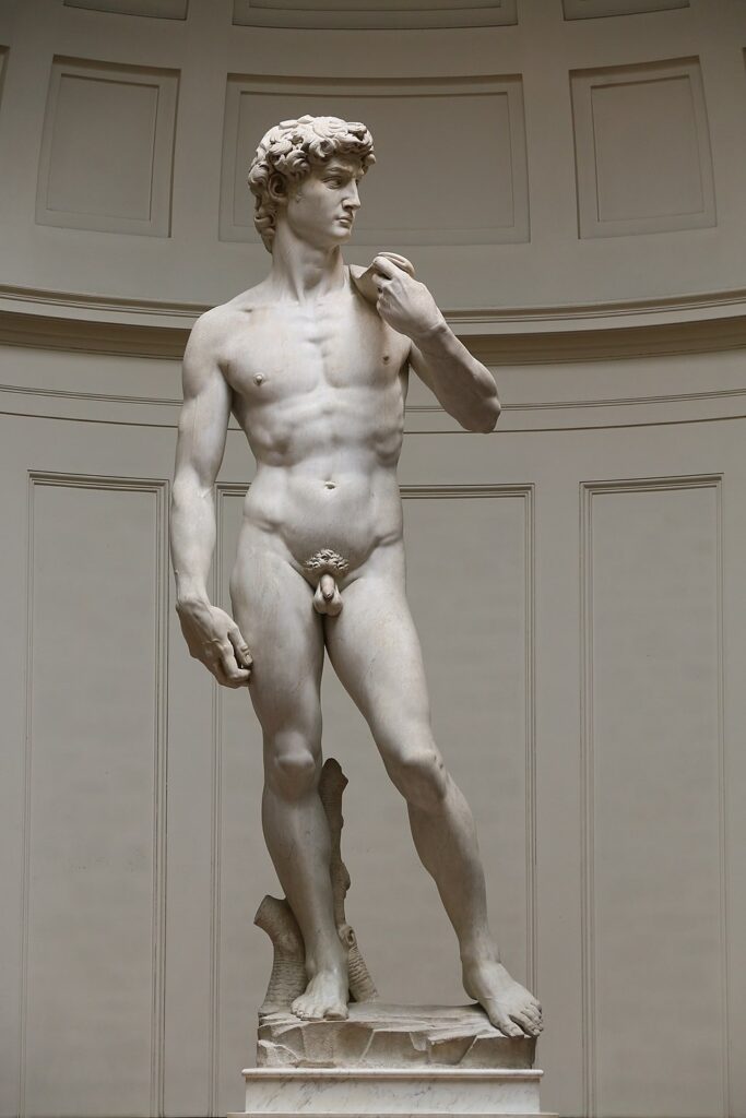 What Was the Renaissance? Definition, Art & Legacy 11 Marble statue of a nude male figure standing in contrapposto, with defined muscles and focused gaze