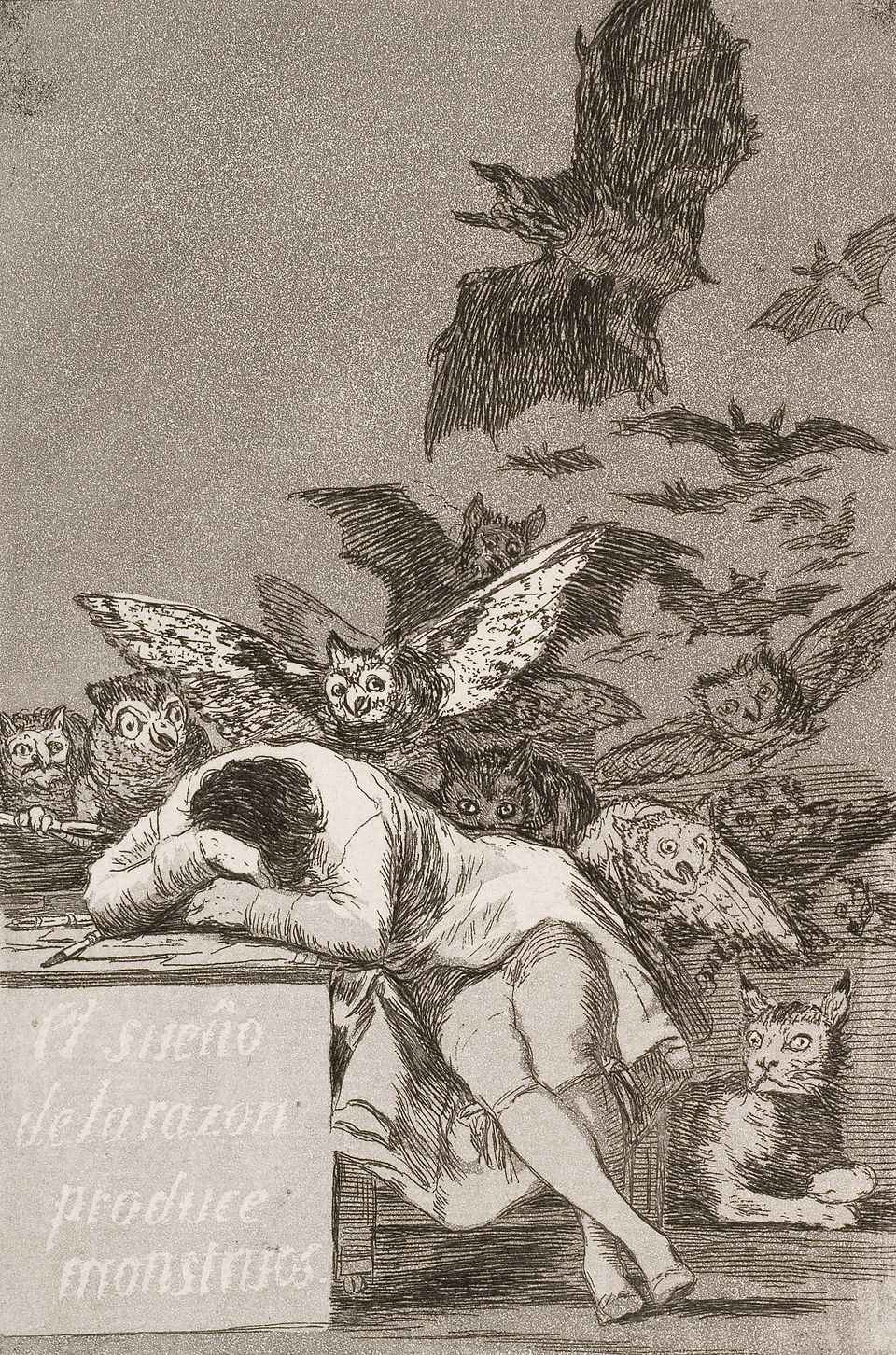 What Is Romanticism in Art? Definition, Artists & Key Examples 7 Etching of a man asleep at a desk surrounded by ominous owls and bats in flight