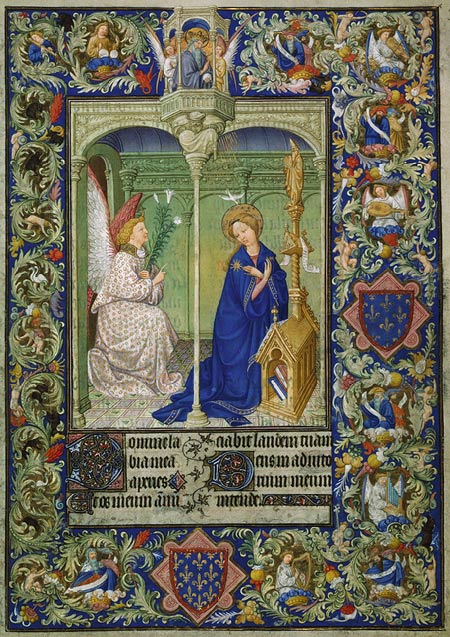 What Is Gothic Art? Definition, History & Examples 8 Illuminated manuscript showing the angel Gabriel appearing to the Virgin Mary in a Gothic architectural setting, surrounded by ornate floral borders and miniature scenes.