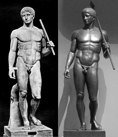 What Is Classicism in Art? Definition, Origins, and Key Examples 3 Side-by-side comparison of marble and bronze reconstructions of Polykleitos’s Doryphoros, a classical Greek sculpture of an idealized male athlete holding a spear