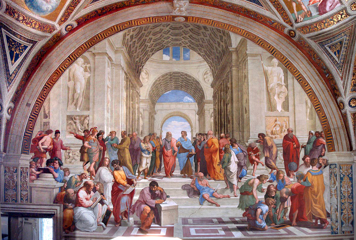 What Was the Renaissance? Definition, Art & Legacy 13 Fresco of ancient philosophers gathered in a grand architectural hall with vanishing-point perspective