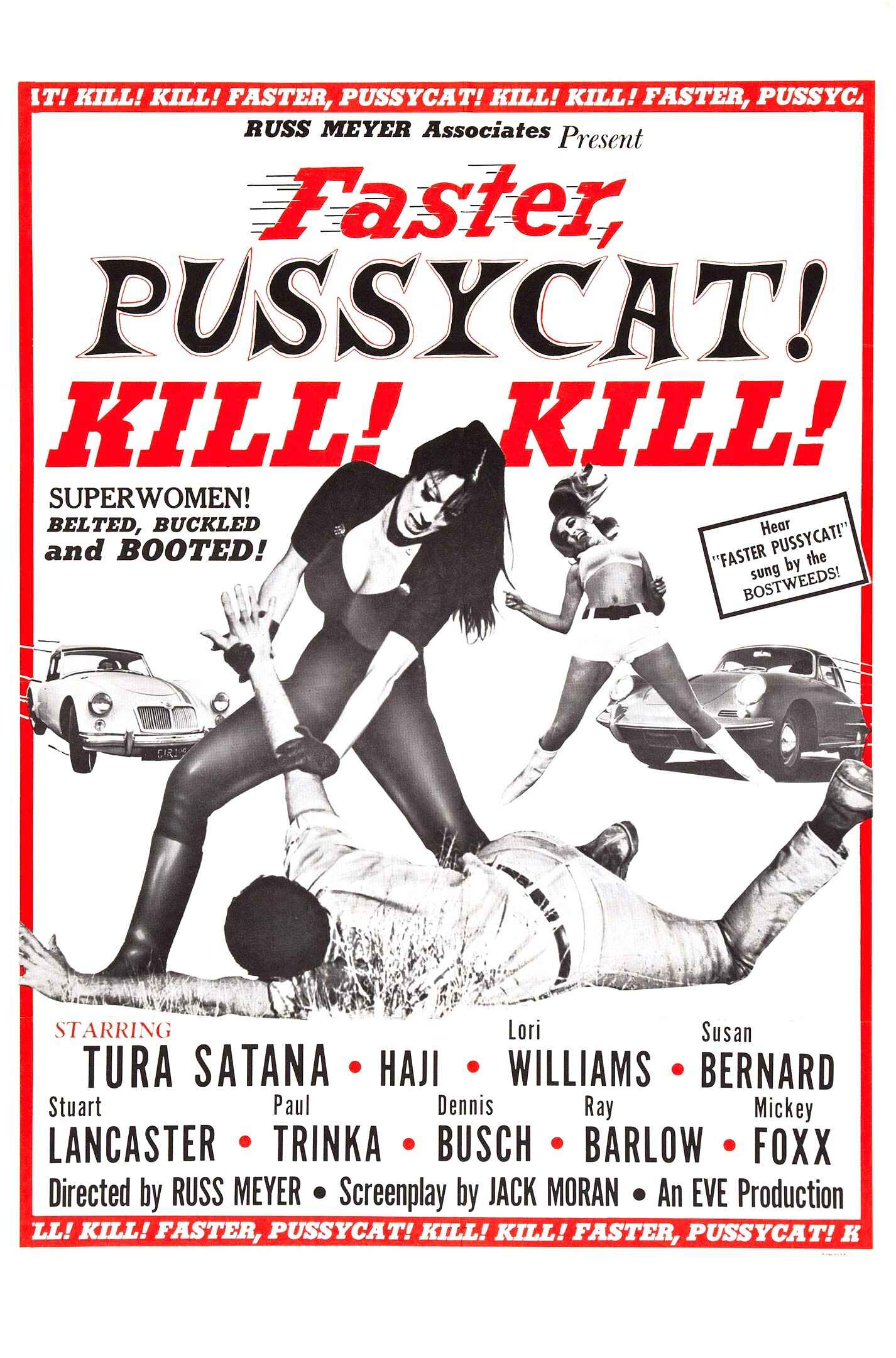 What Is Exploitation Cinema? Definition & Key Examples 3 Poster for Faster, Pussycat! Kill! Kill! showing three aggressive women, two cars, and a man being attacked, highlighting themes of violence and sex.