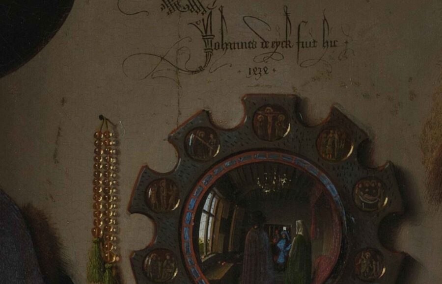 What Was the Renaissance? Definition, Art & Legacy 16 Close-up of a convex mirror reflecting figures and an inscription reading “Jan van Eyck was here 1434” above it