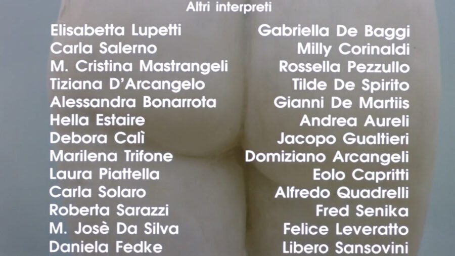 Sex, Power, and Rebellion: Symbolism in Tinto Brass Movies 13 End credits overlaid on a close-up of a marble statue’s bare buttocks, emphasizing Brass’s playful focus on erotic imagery.