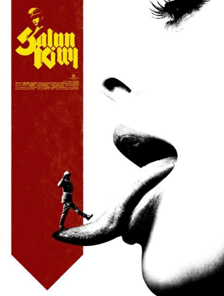 Sex, Power, and Rebellion: Symbolism in Tinto Brass Movies 10 Poster for Salon Kitty showing a Nazi officer walking on a large, extended tongue, symbolizing seduction and manipulation through sex.