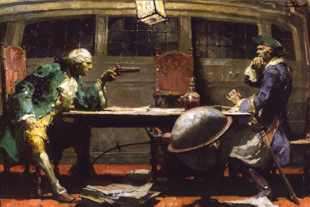 What Is Texture in Art? Definition, Types & Examples 3 A dramatic pirate-era scene showing two men in a ship’s cabin, one aiming a pistol at the other across a table, painted with controlled brush texture and strong lighting.