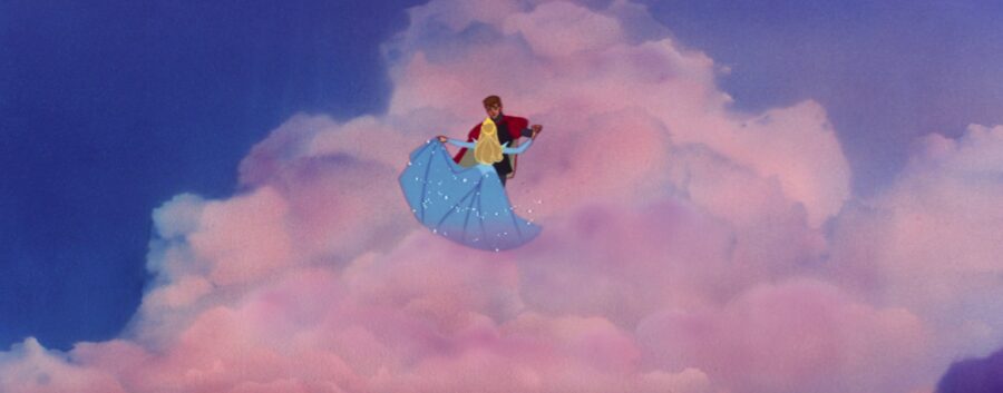 What Is Texture in Art? Definition, Types & Examples 8 A cel-animated prince and princess dance above soft, painted clouds in a pink and blue sky.