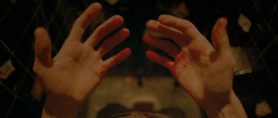 What is First-Person Point-of-View? Definition & Examples 2 First-person view of bloodied hands held up in front of the camera, surrounded by a dim room