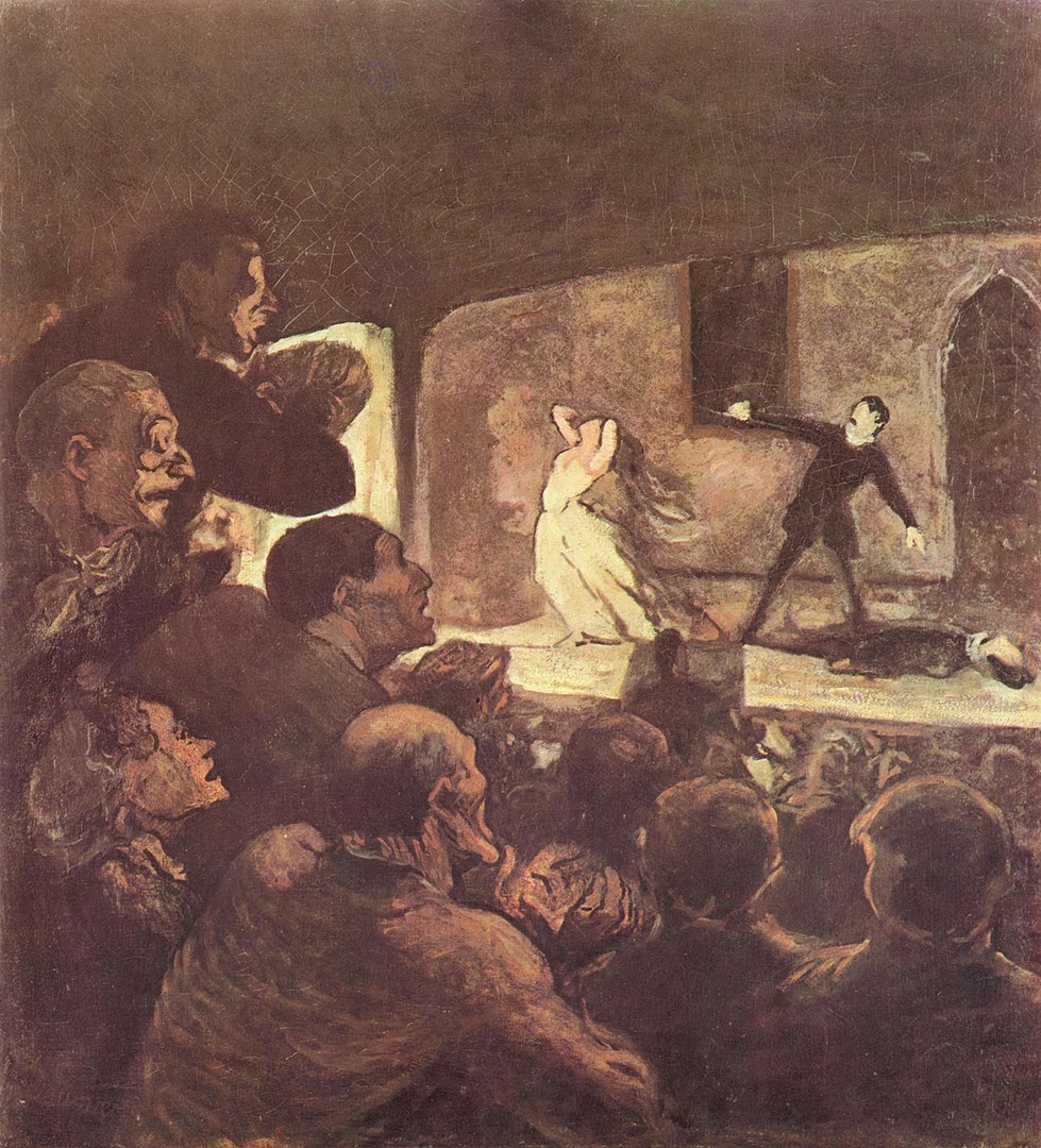 What Is a Melodrama? Definition, Origins & Film Examples 2 A painting of a 19th-century theater audience watching a melodramatic scene with exaggerated gestures onstage