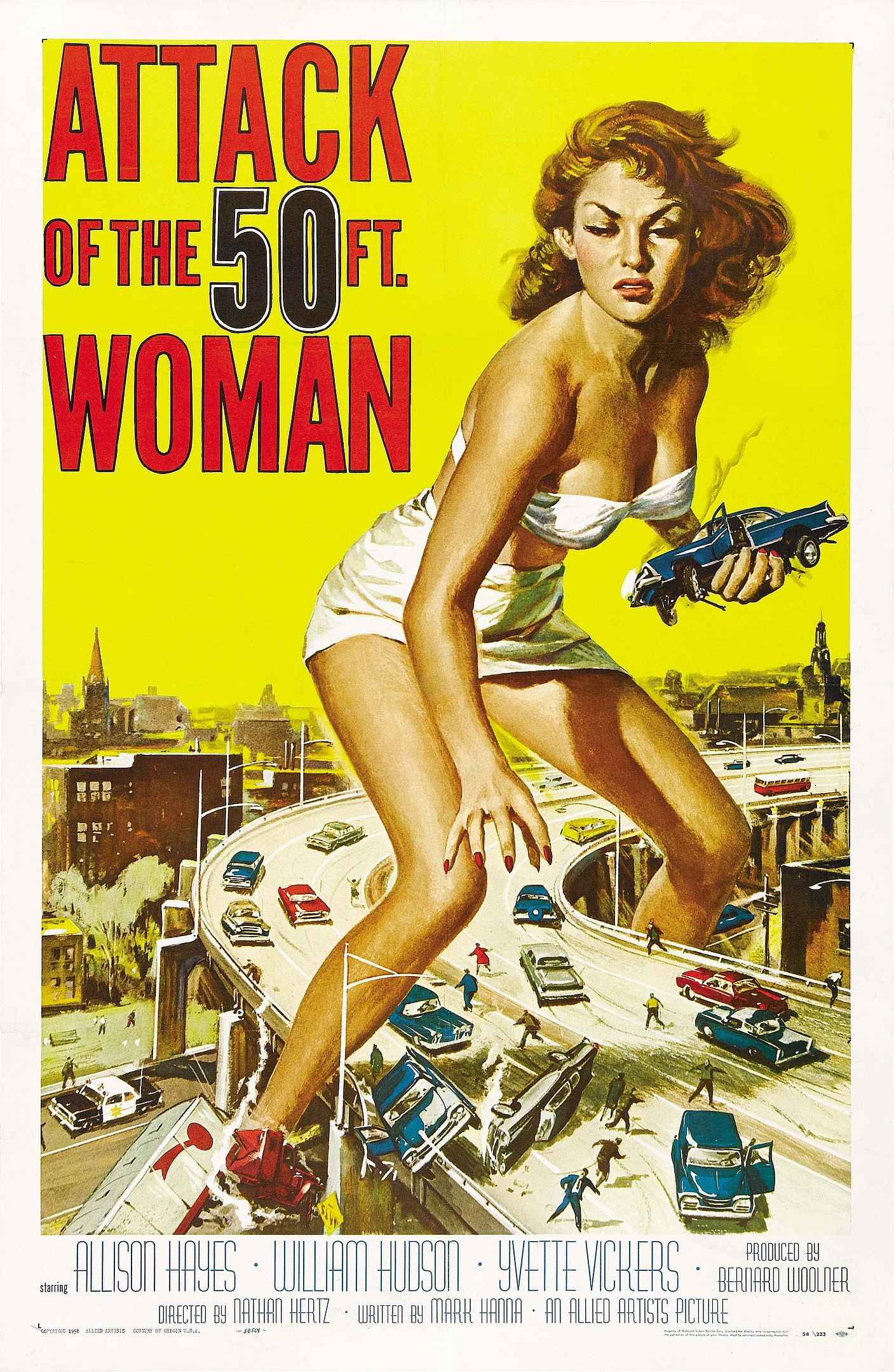 What Is a B-Movie? Definition & Film History 3 Illustrated poster of a giant woman in a white dress standing on a freeway, holding a car and stepping on traffic.