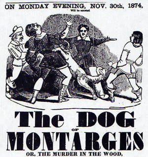 What Is a Melodrama? Definition, Origins & Film Examples 3 1874 poster for the melodrama The Dog of Montargis, showing a dramatic fight scene involving a dog and armed men