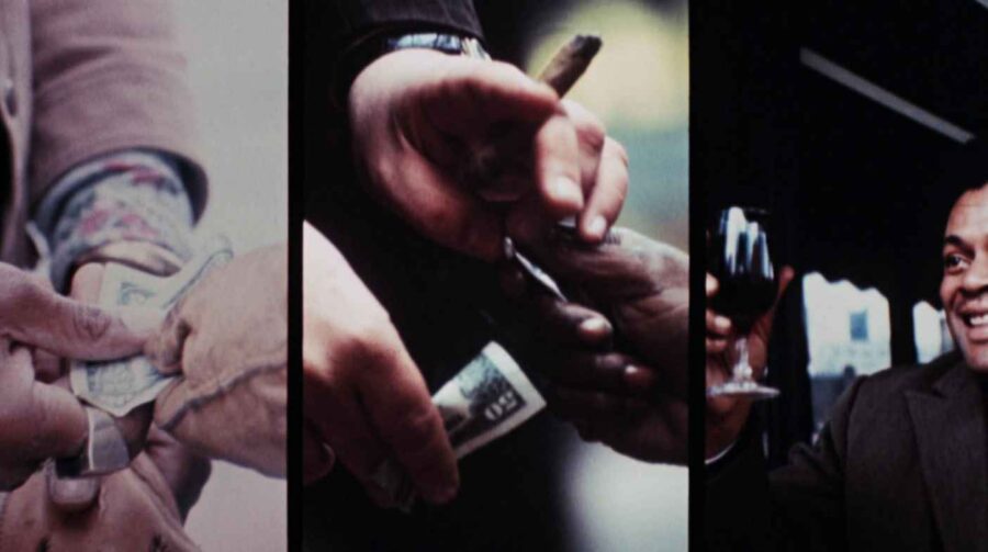 What Is Blaxploitation? Definition & Film History 2 Three-panel split screen from Super Fly (1972) showing a handoff of money, a drug deal, and a smiling man raising a glass