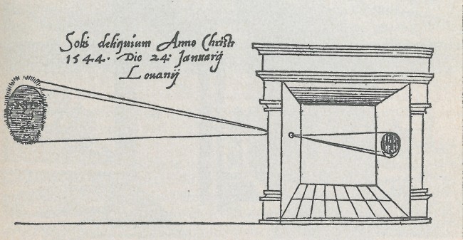 What Is Camera Obscura in Photography? Definition & How It Works 7 Historical drawing of a camera obscura from 1544 showing sunlight projected through a pinhole during a solar eclipse. The inverted image appears inside a simple room-like box.