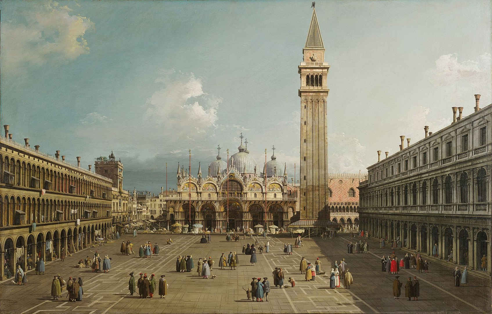 What Is Camera Obscura in Photography? Definition & How It Works 6 Painting of St. Mark’s Square in Venice filled with people. The view shows the basilica, bell tower, and symmetrical architecture in vivid daylight.