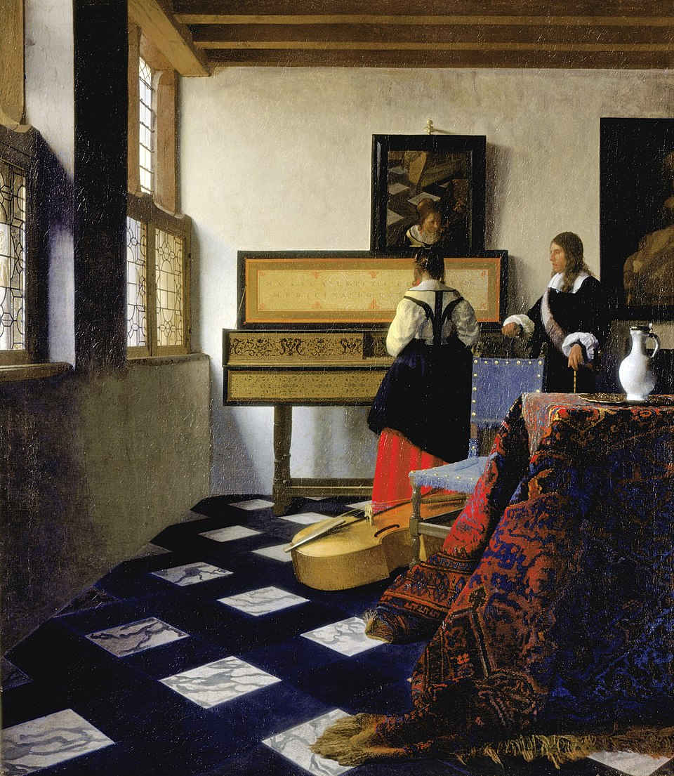 What Is Camera Obscura in Photography? Definition & How It Works 5 Painting of a woman at a virginal and a man beside her, in a sunlit room with a checkerboard floor. Scene composed with dramatic natural light.