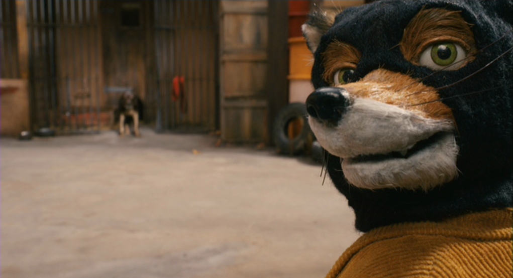 What is a Medium Close‑Up Shot (MCU)? Definition 3 Mr. Fox wearing a black mask turns toward the camera, with the guard dog Spitz visible in the background in front of an open gate