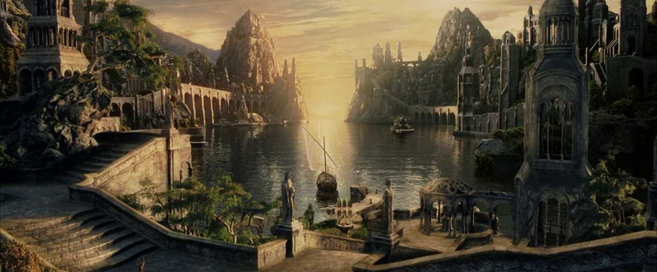 Freytag’s Pyramid: Story Structure Explained 8 A ship sails into golden light at the Grey Havens, surrounded by statues and white Elven architecture